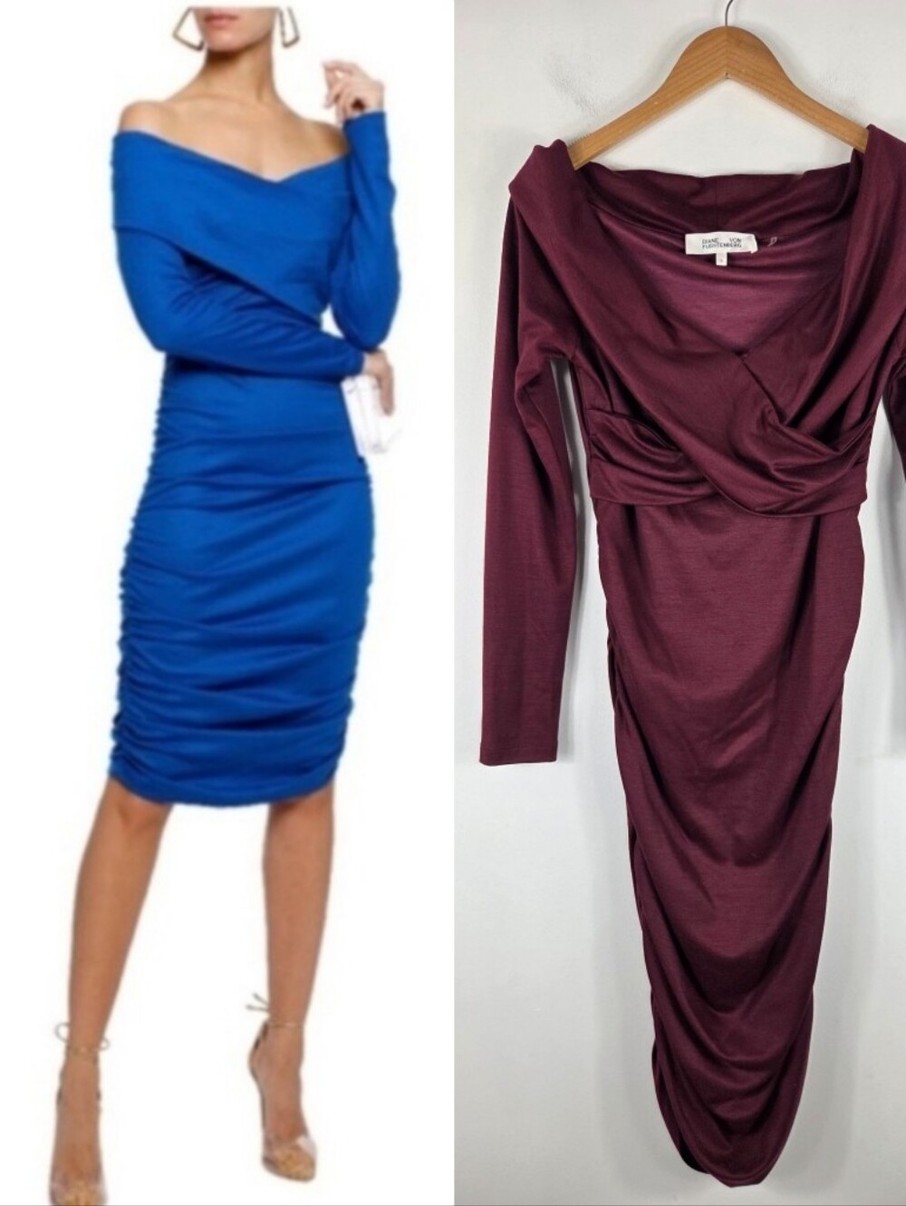 Diane Von Furstenberg Wool Ruched Off The Shoulder Knee Length Midi Dress